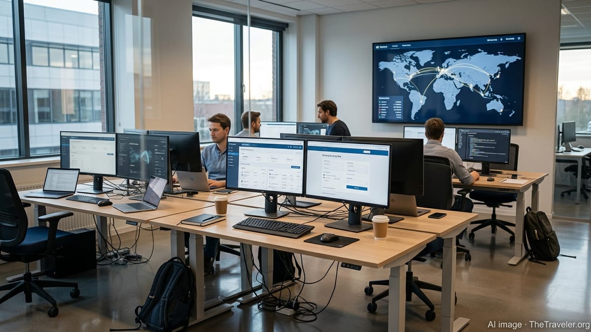 Modern travel-tech office with staff working at screens showing booking tools and data dashboards.