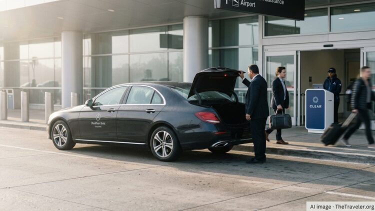 Chauffeur drops a business traveler at a U.S. airport curb with Clear staff visible inside.
