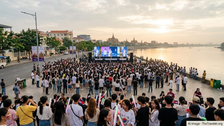 Young travelers gather at a riverside concert in Phnom Penh with the city skyline and Khmer architecture in the background.