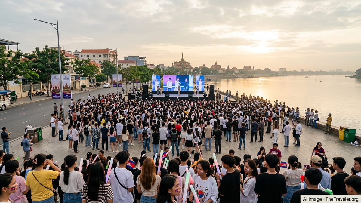 Young travelers gather at a riverside concert in Phnom Penh with the city skyline and Khmer architecture in the background.
