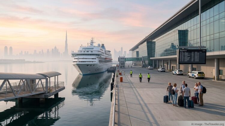 Celestyal cruise ship idle at Dubai terminal at dawn with cancelled departures.
