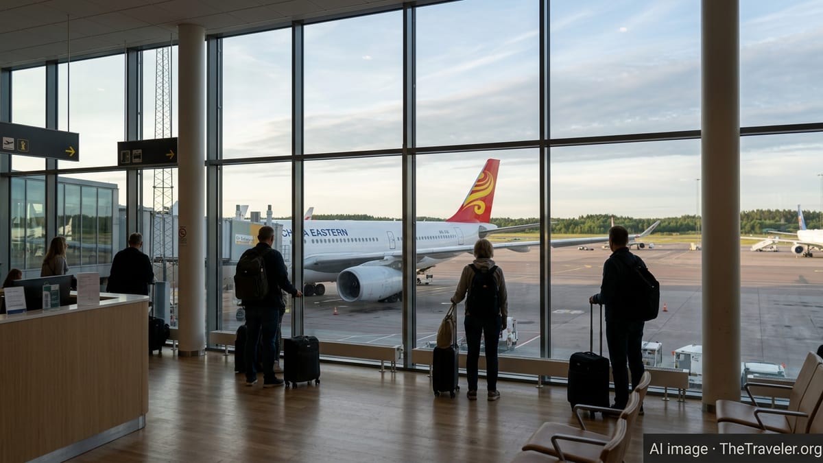 China Eastern jet at Stockholm Arlanda gate viewed through terminal windows with travelers watching.