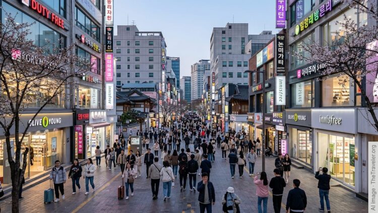 Crowds of international tourists fill a neon-lit shopping street in central Seoul at dusk.