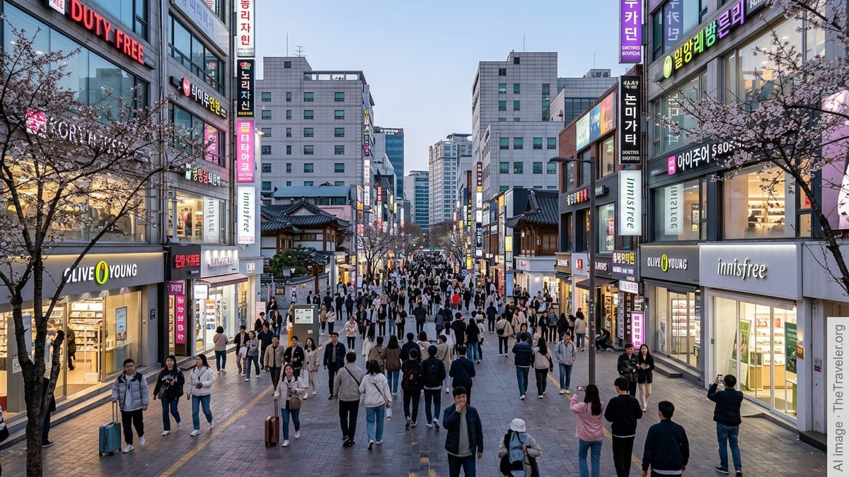 Crowds of international tourists fill a neon-lit shopping street in central Seoul at dusk.