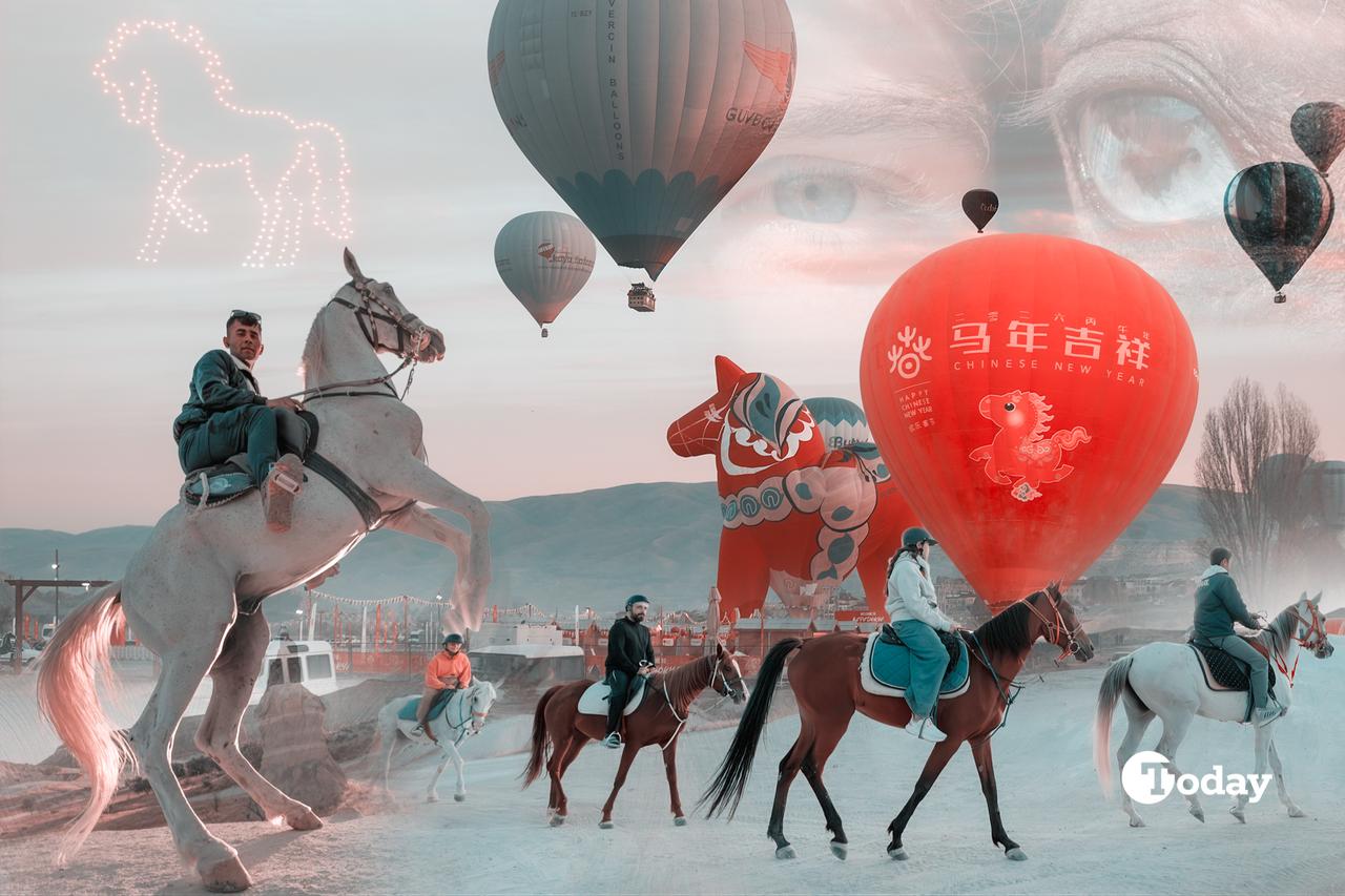 Photo collage of horse riding scenes, hot air balloons and Chinese New Year visuals highlighting Cappadocia’s Year of the Horse celebrations in central Türkiye. (Photo collage by Zehra Kurtulus/Türkiye Today)