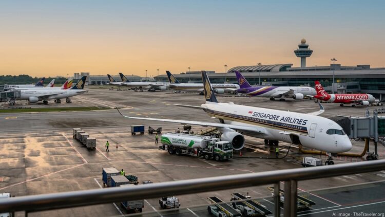Aircraft from Singapore Airlines, Thai Airways and AirAsia at Changi Airport with a sustainable aviation fuel tanker on the t