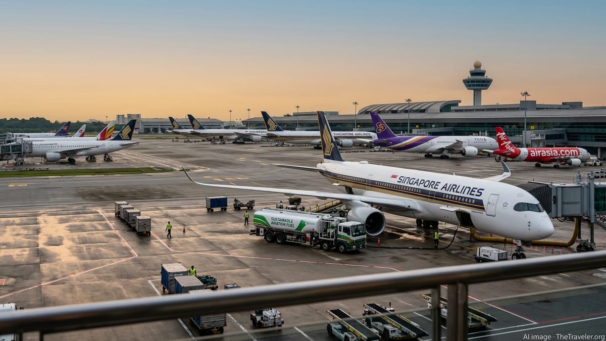 Aircraft from Singapore Airlines, Thai Airways and AirAsia at Changi Airport with a sustainable aviation fuel tanker on the t