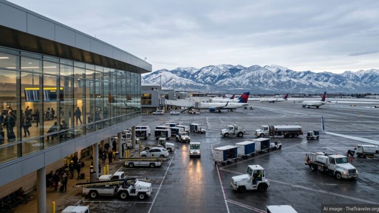 Delta jets parked at Salt Lake City International Airport as winter delays disrupt departures.