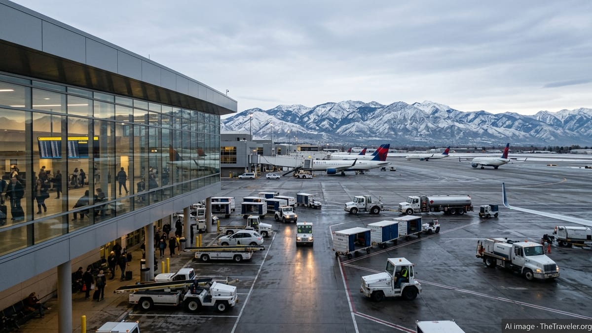 Delta jets parked at Salt Lake City International Airport as winter delays disrupt departures.