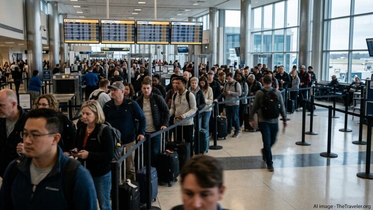 Crowded U.S. airport concourse with long TSA security lines and delayed flights on departure boards.