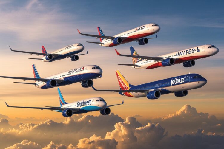 Ultra detailed composite of delta, american, united, southwest and jetblue aircraft in one frame, dynamic sky, glowing horizon, global travel theme, bold lighting, cinematic wide angle, ultra realistic