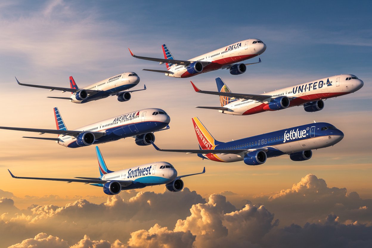 Ultra detailed composite of delta, american, united, southwest and jetblue aircraft in one frame, dynamic sky, glowing horizon, global travel theme, bold lighting, cinematic wide angle, ultra realistic