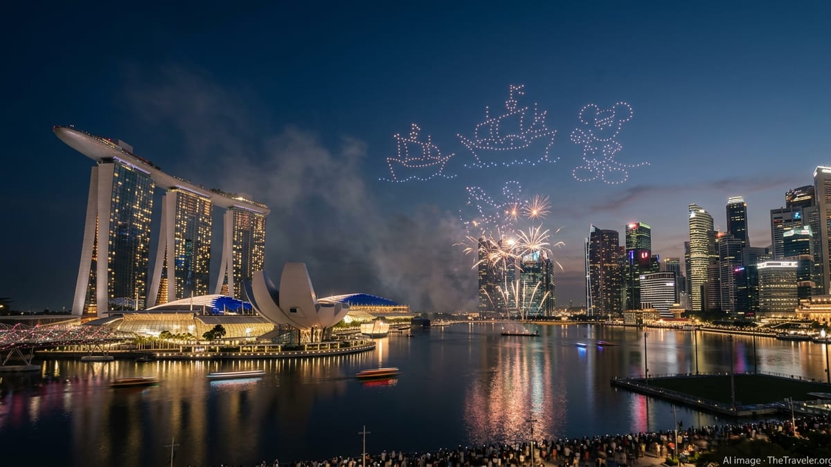 Drones and fireworks light up the night sky above Singapore’s Marina Bay and Marina Bay Sands.