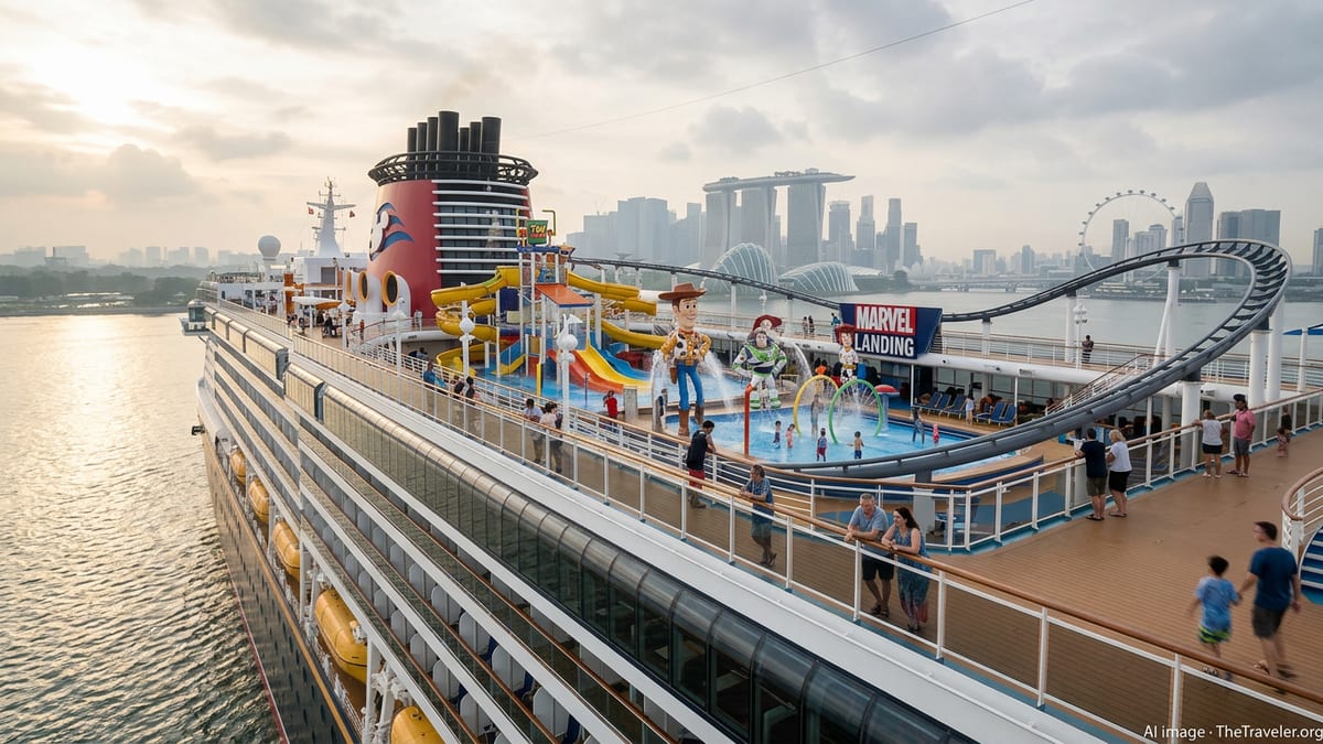 Disney Adventure cruise ship in Singapore showing Toy Story splash zone and Marvel coaster with city skyline behind.