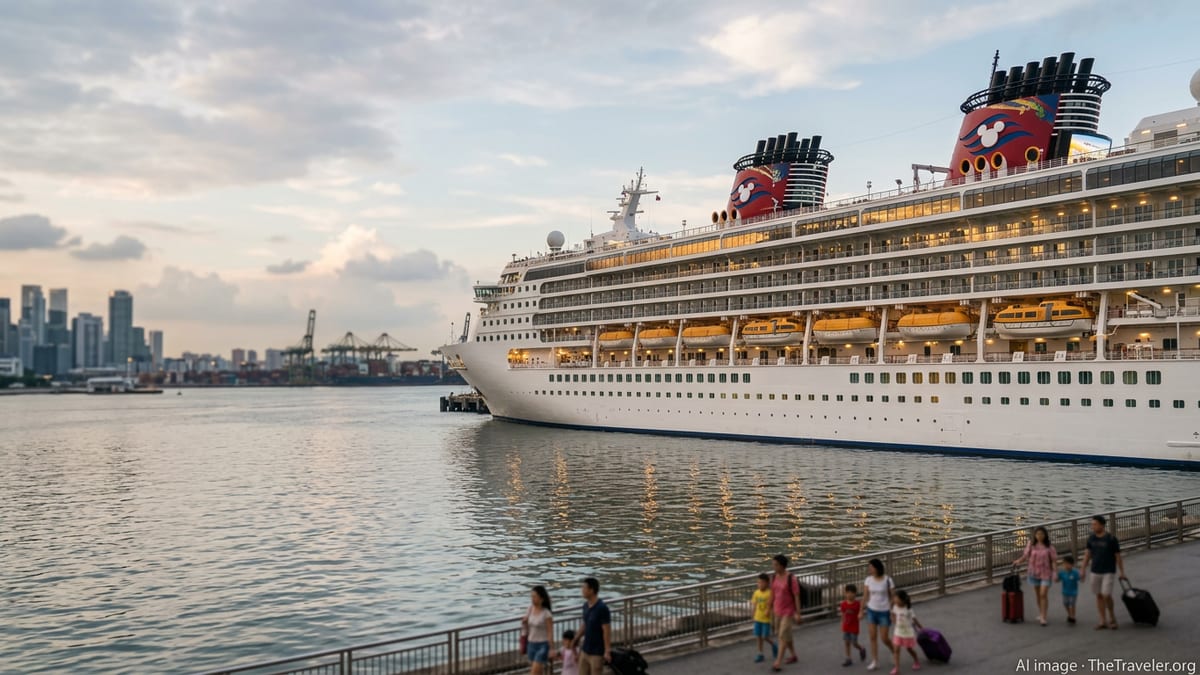 Disney Adventure cruise ship docked at Marina Bay Cruise Centre in Singapore at dusk with families walking along the terminal