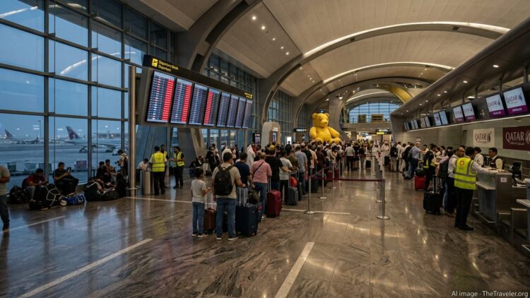 Stranded passengers wait in Doha’s Hamad International Airport as flights are suspended.