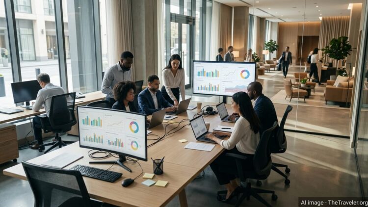 Hotel finance team reviewing budgeting dashboards in a modern lobby-side workspace.