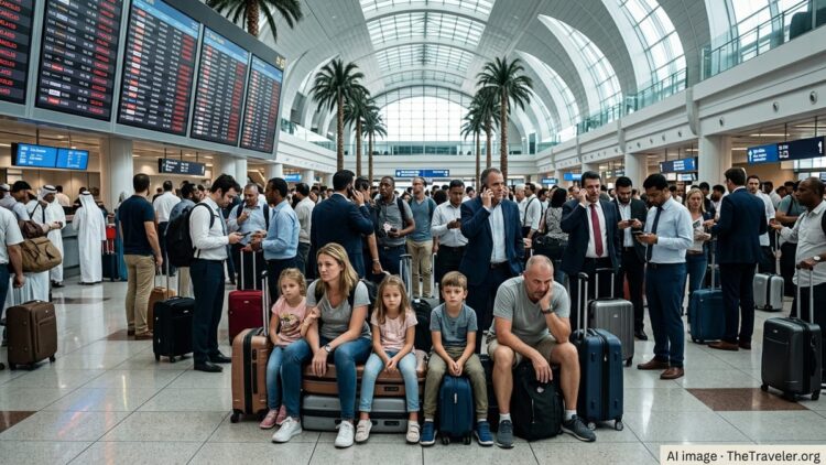 Crowded Dubai airport departures hall with stranded travelers under boards of canceled flights.