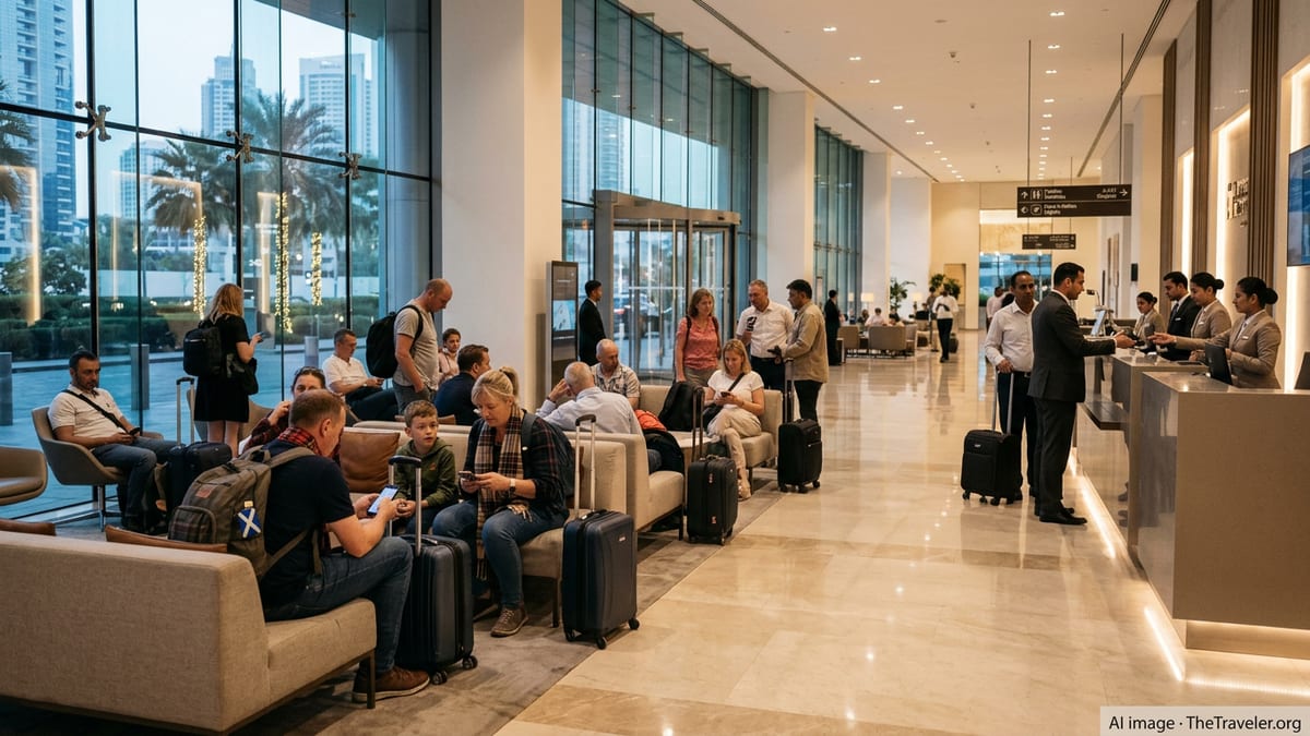 Stranded international travelers with luggage in a busy Dubai hotel lobby speaking with staff.