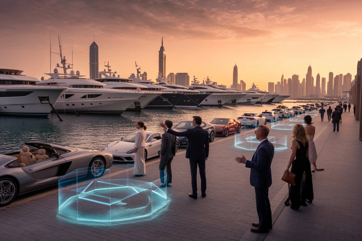 A cinematic wide-angle composition of dubai harbour filled with superyachts, luxury cars, global investors networking, and futuristic marine technology displays under a vibrant sunset sky, ultra-realistic, bold, dynamic, no text, no logos