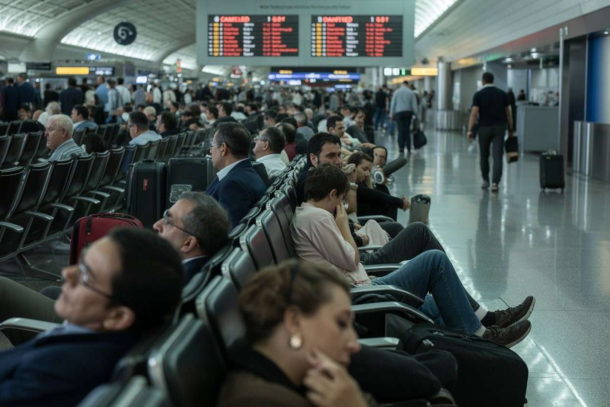 Image of passengers stuck in an airport from airspace closure