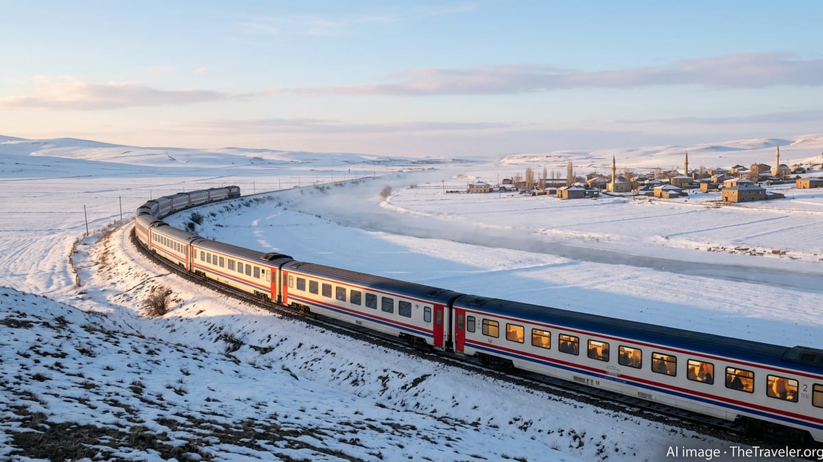 Touristic Eastern Express train crossing snowy plains on the Ankara–Kars route in winter.
