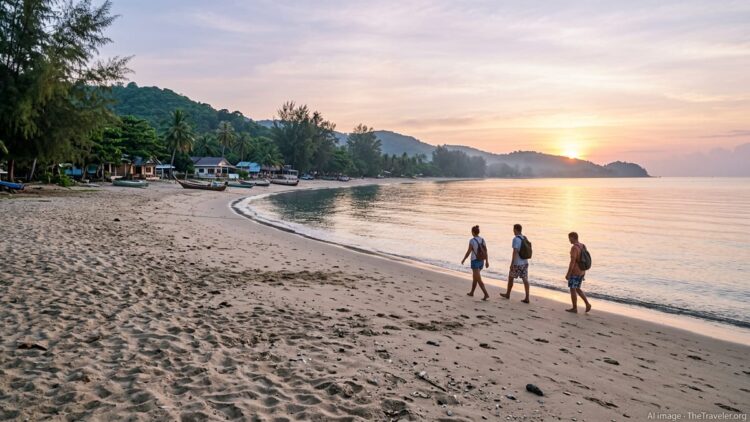 Quiet eastern Thailand beach at sunrise with a few European tourists walking along the shore.