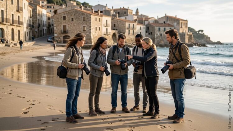 Adults at a seaside workshop practicing a new skill together on a sunny afternoon.