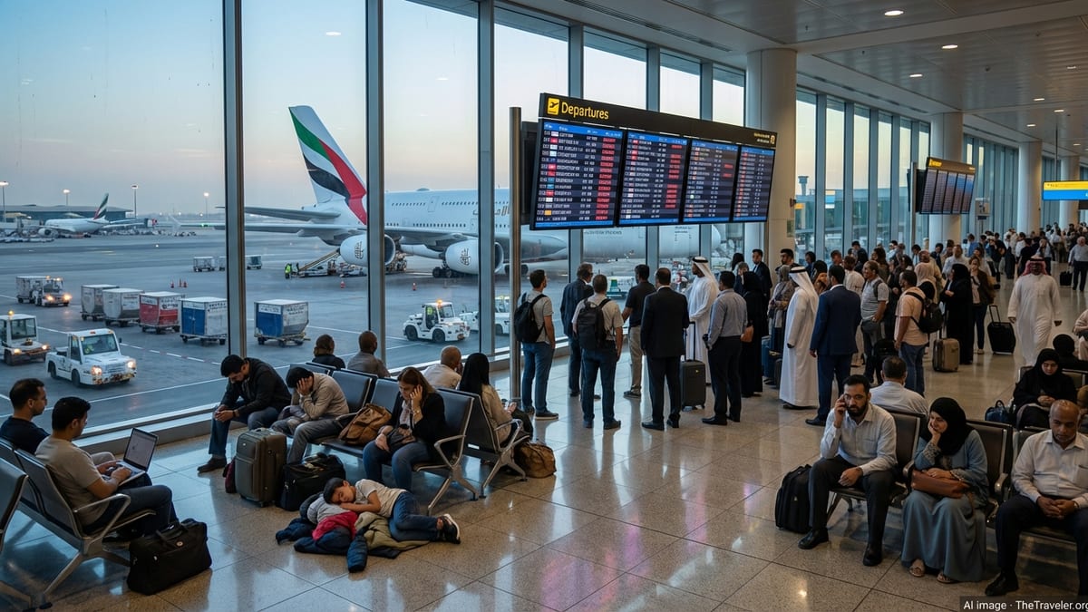 Passengers watch delayed Emirates flights at a busy airport gate as a wide body jet sits outside on the tarmac.