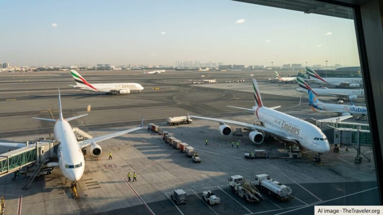Emirates and Flydubai aircraft on the apron at Dubai International Airport at sunset.