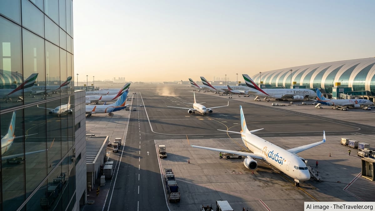 Emirates and Flydubai aircraft on a busy dawn apron at Dubai International Airport.