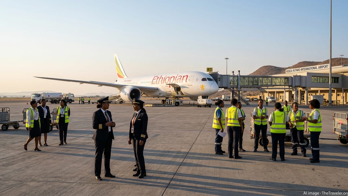 All-female Ethiopian Airlines crew and ground staff beside a jet at Hosea Kutako Airport at sunrise.