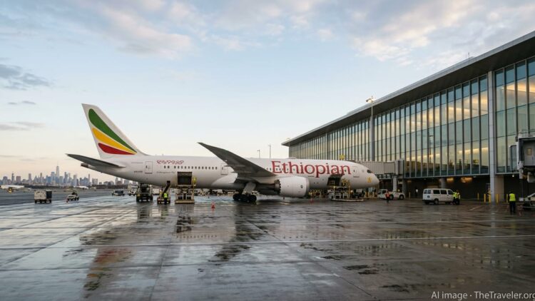 Ethiopian Airlines widebody aircraft parked at JFK’s New Terminal One at sunset.