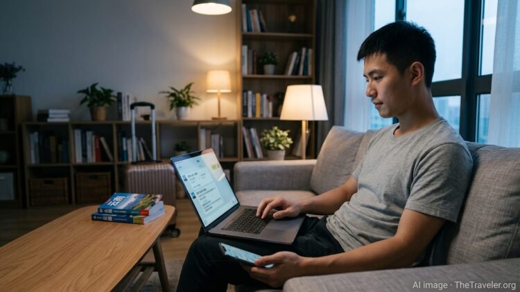 Traveler in a modern living room using a chat-style AI interface on laptop to book a trip.