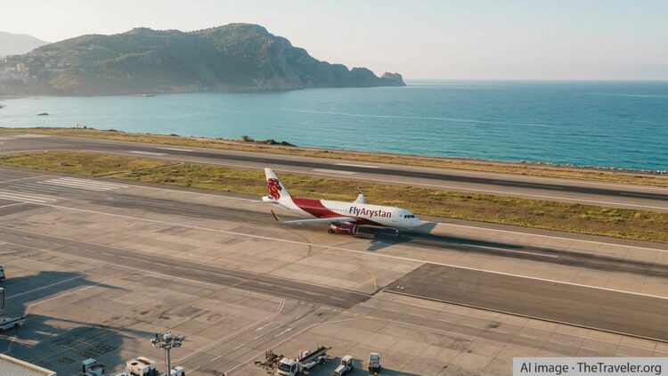 FlyArystan Airbus A320 on the runway at Gazipasa–Alanya Airport with the Mediterranean coast in the background.