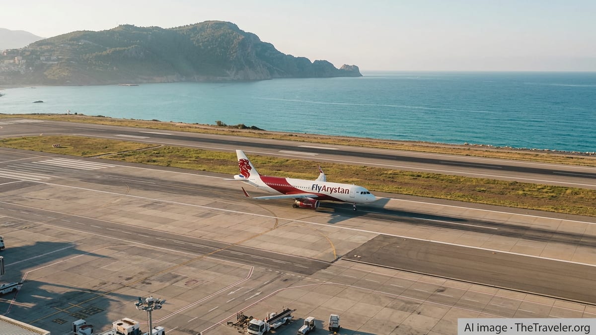 FlyArystan Airbus A320 on the runway at Gazipasa–Alanya Airport with the Mediterranean coast in the background.