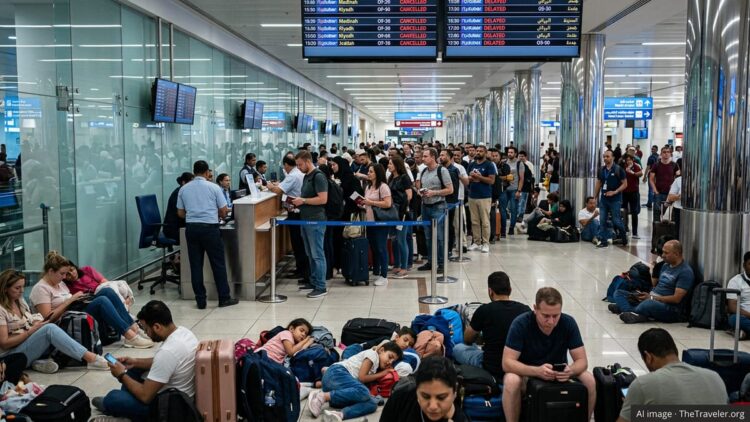 Stranded FlyDubai passengers wait with luggage in a crowded Dubai airport departure hall.