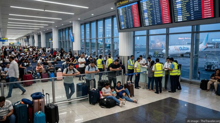 Stranded FlyDubai passengers crowd a busy Dubai airport terminal beneath screens showing delays and cancellations.
