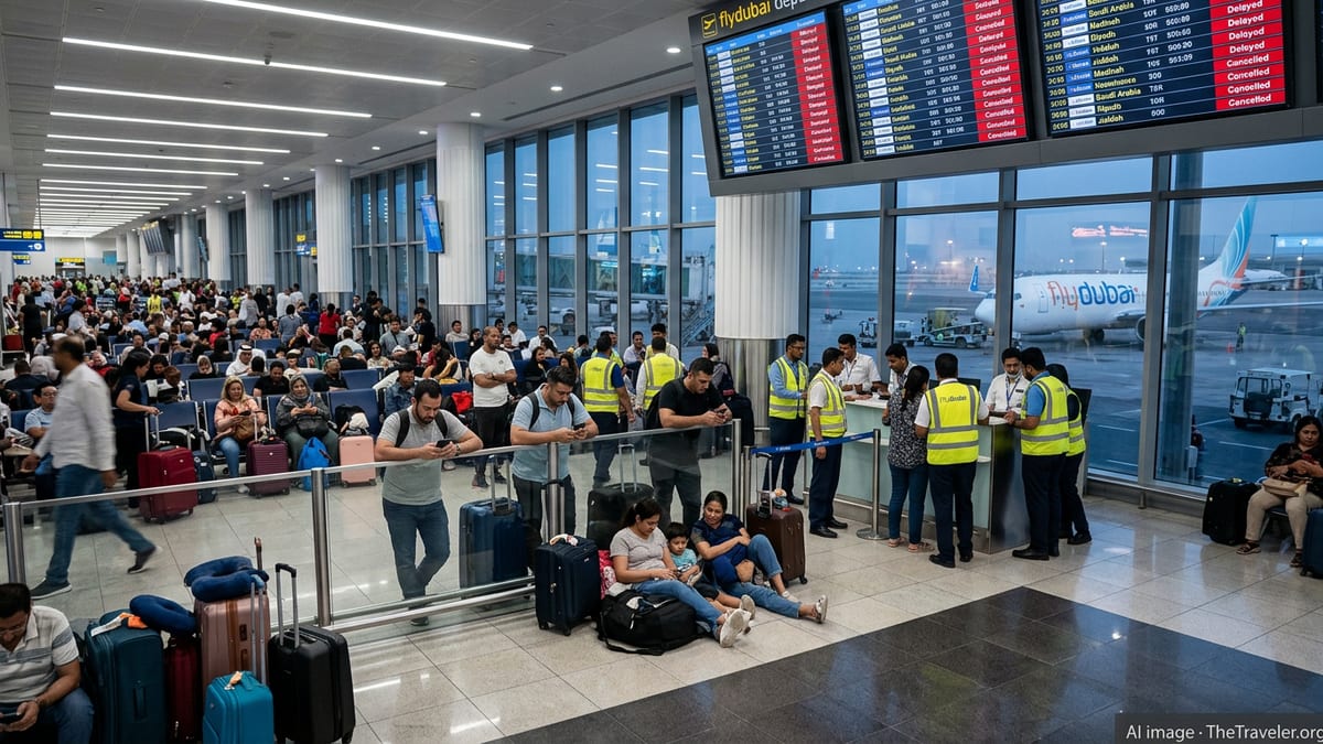 Stranded FlyDubai passengers crowd a busy Dubai airport terminal beneath screens showing delays and cancellations.