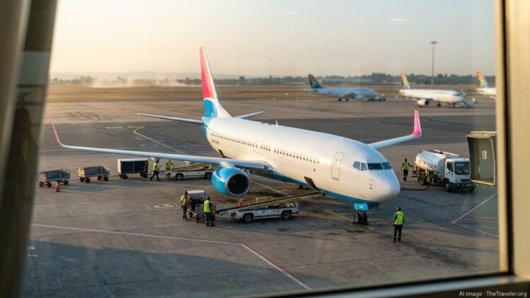 FlySafair jet at a Johannesburg airport gate at sunrise with ground crew and equipment nearby.