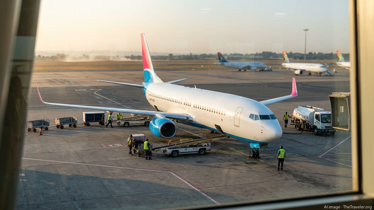 FlySafair jet at a Johannesburg airport gate at sunrise with ground crew and equipment nearby.