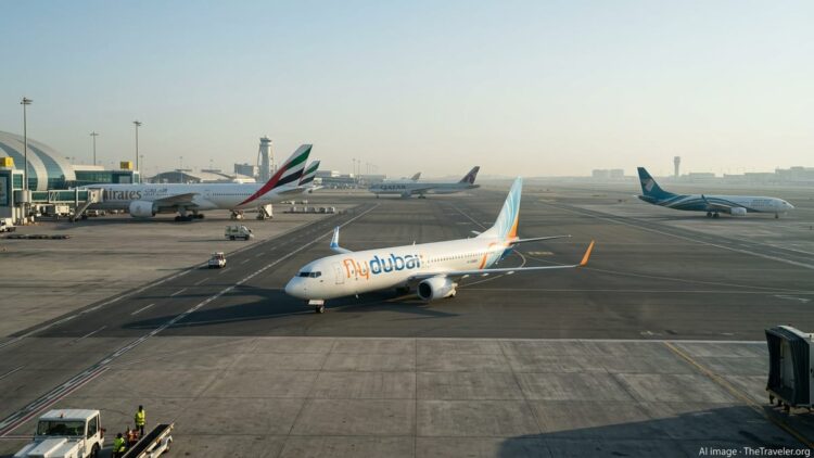 Flydubai and Emirates aircraft on a busy Dubai airport apron at sunrise.