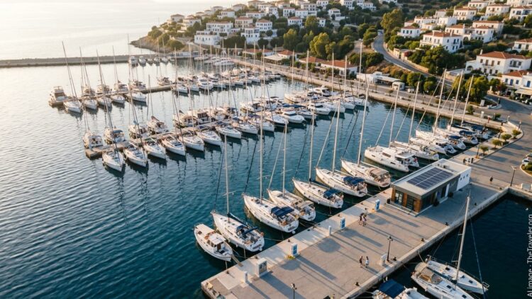 Aerial view of a busy Greek island marina with yachts, pontoons and a hillside town at sunset.