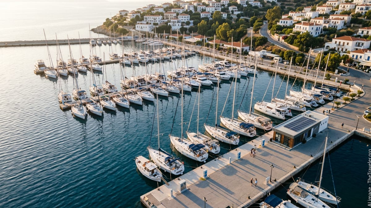 Aerial view of a busy Greek island marina with yachts, pontoons and a hillside town at sunset.
