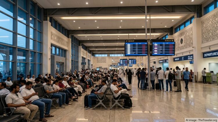 Passengers at Muscat’s Seeb International Airport watch boards listing cancelled Gulf Air and Qatar Airways flights.