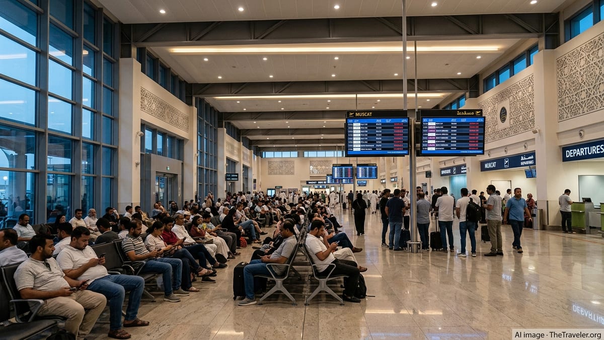 Passengers at Muscat’s Seeb International Airport watch boards listing cancelled Gulf Air and Qatar Airways flights.