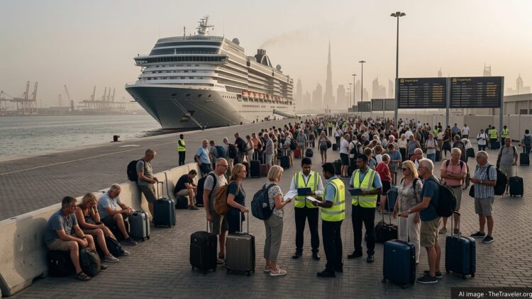 Stranded cruise passengers with luggage waiting beside an idle ship in Dubai under hazy evening skies.