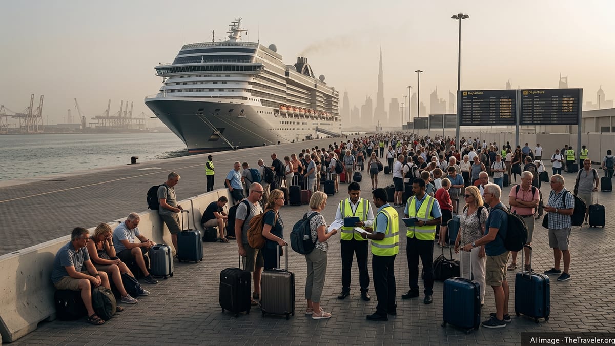 Stranded cruise passengers with luggage waiting beside an idle ship in Dubai under hazy evening skies.