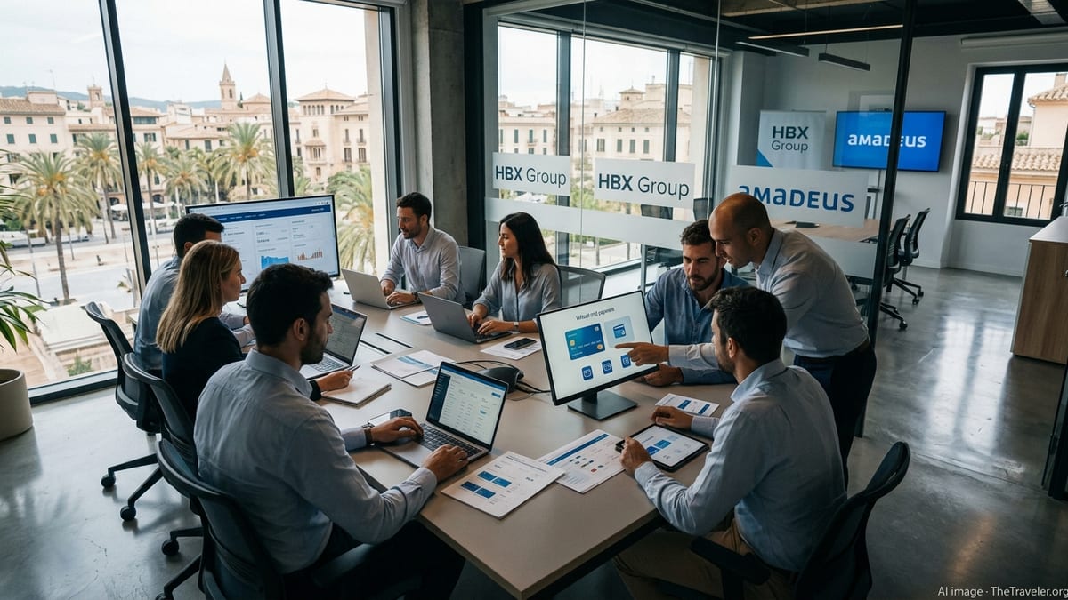 Travel technology professionals collaborate in a modern office with HBX Group and fintech payment dashboards on screens.