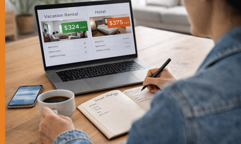 Traveler planning a summer trip on a laptop with notes and coffee, illustrating more strategic booking behavior amid rising accommodation costs